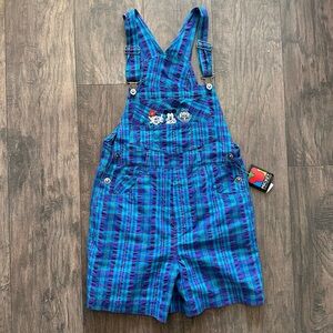 NWT Vintage 1990’s Blue Purple Plaid Overalls with Character Embroidery